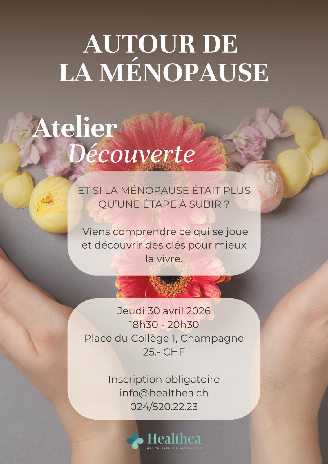 Annonce pour l'atelier sur la ménopause, 30 avril 2026